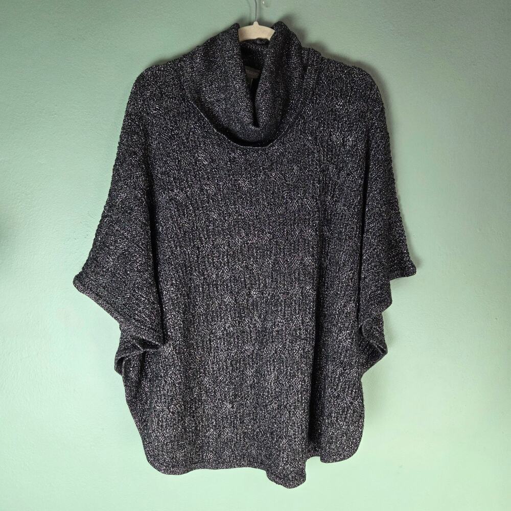 Chicos Sweater Womens Large XL Black Silver Sparkle Cowl Neck Poncho Metallic